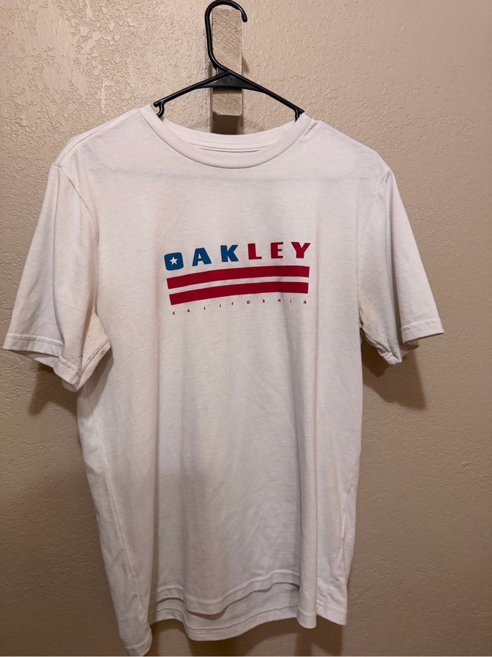 Oakley White Short Sleeve Tee with Red & Blue Logo